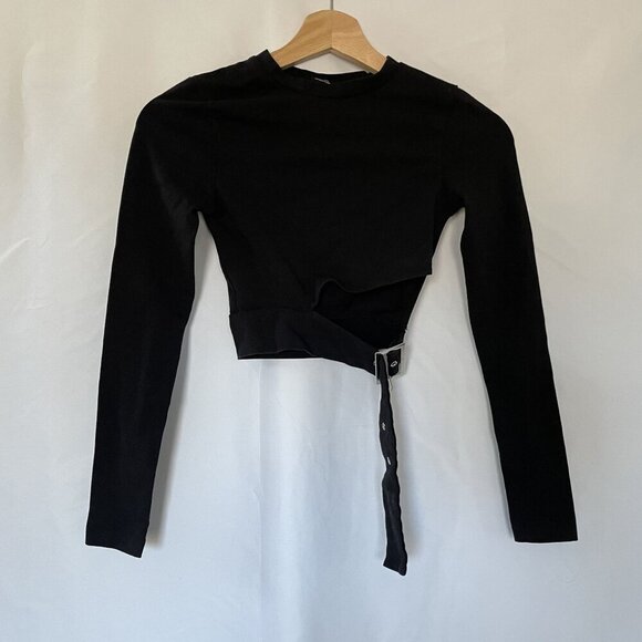 Urban Outfitters Black Long Sleeve Crop Top With Belted Detail goth boho - Picture 1 of 6